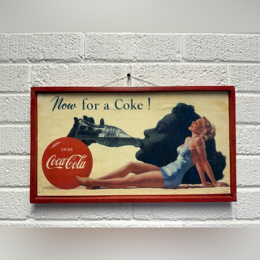 Coca Cola Vintage Woman Sunbathing Sign On Wood “Now For A Coke!” 17.2” x 9.5”